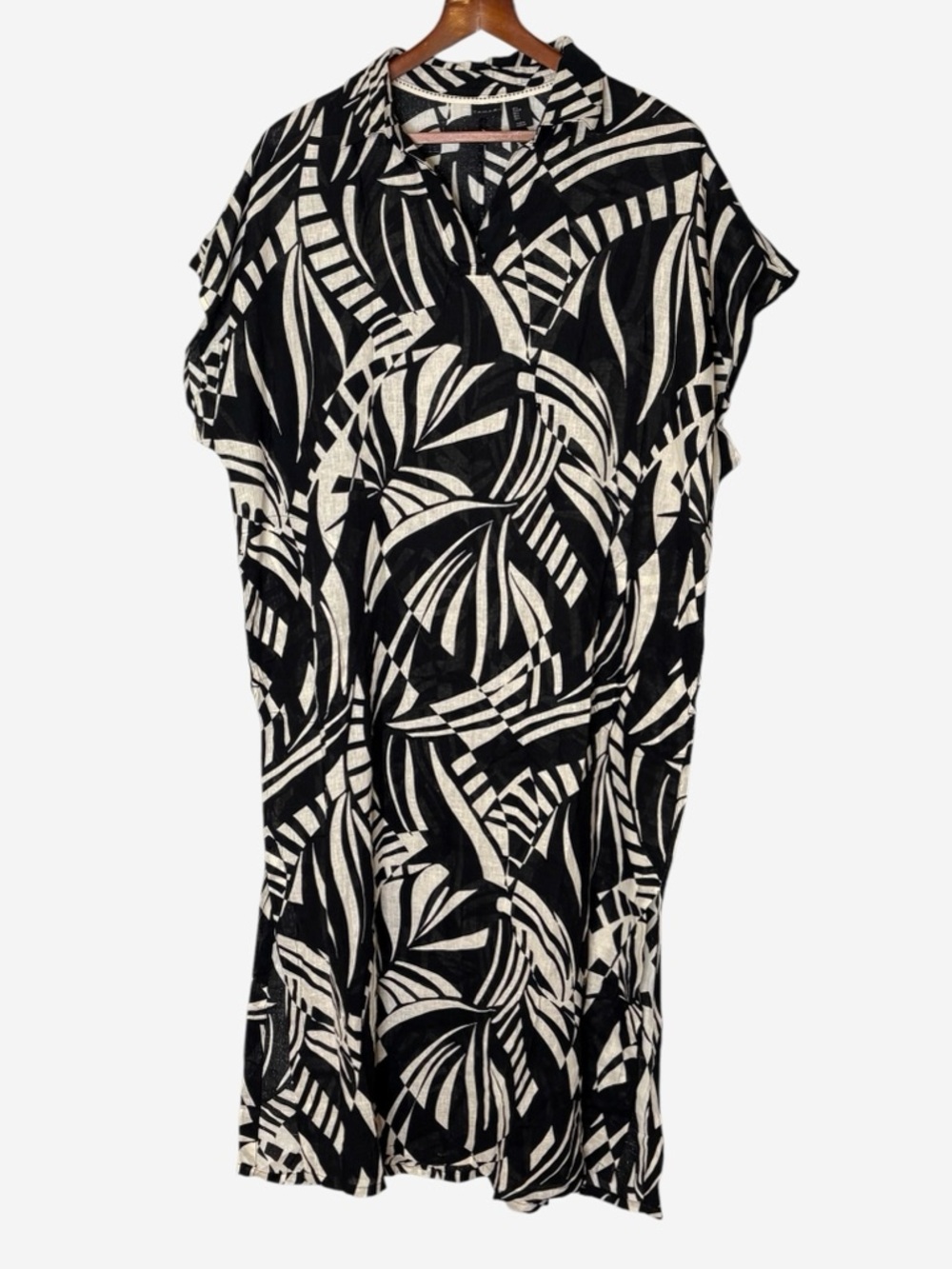 Tahari Linen Blend Kaftan Maxi Dress Black Off-White Geo Leaf Print • Size L - Picture 3 of 12